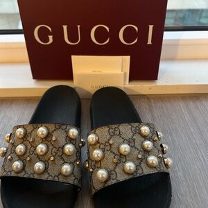 Gucci Black and Brown Slides with Pearl Accents